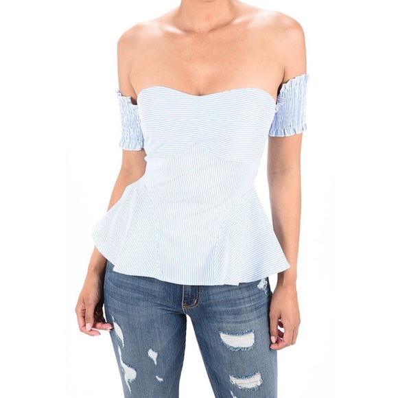 Tops - Off Shoulder Smocked Sleeve Peplum Top